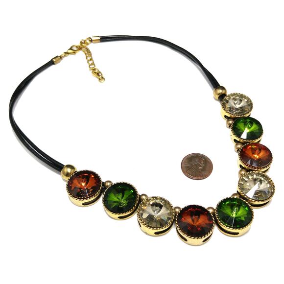 Vintage Rivoli Rhinestone Leather Necklace, Large Orange Green Clear Rhinestones - Picture 5 of 10